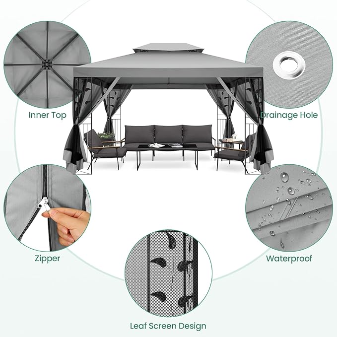 COBIZI Gazebo 10x13 Heavy Duty Gazebos with Improved Nettings Outdoor Gazebo Double Roof Patio Gazebos with Metal Steel Frame Outdoor Canopy for Patio,Garden, Backyard (Gray)
