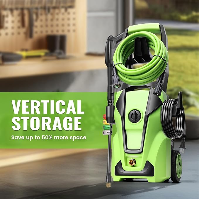 Professional Pressure Cleaner, 5000PSI Power Cleaner with Foam Cannon,4 Nozzles,33FT Hose and Soap Bottle, Car/Driveway/Patio Clean,Green