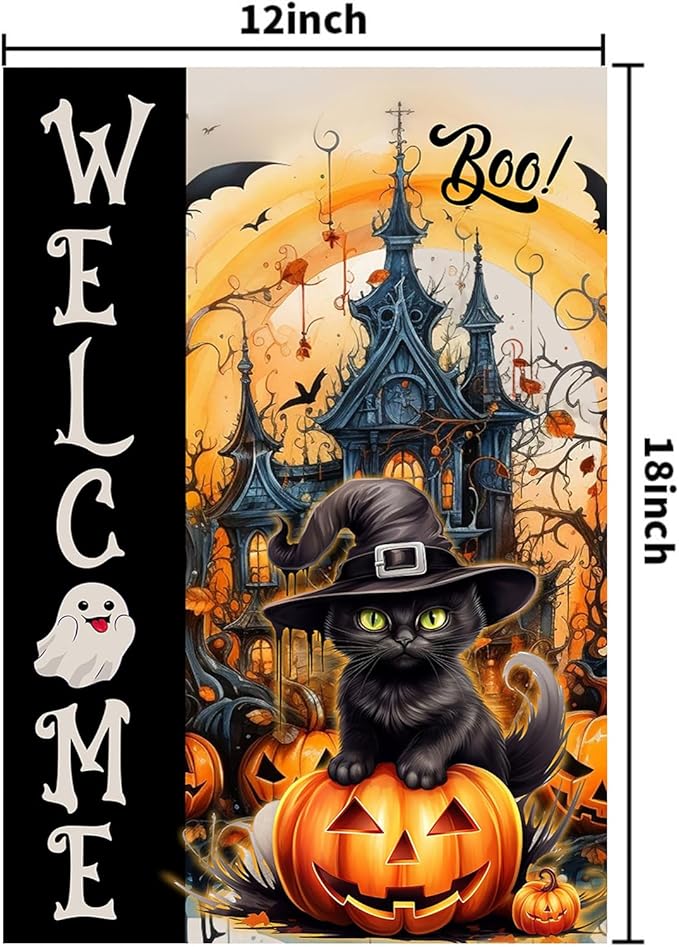 DECORLUXES Halloween Cat Garden Flag Double Sided, Welcome Halloween Large Garden Flags Garden Outside Decor, Yard Flag Decorations (Garden Flag)