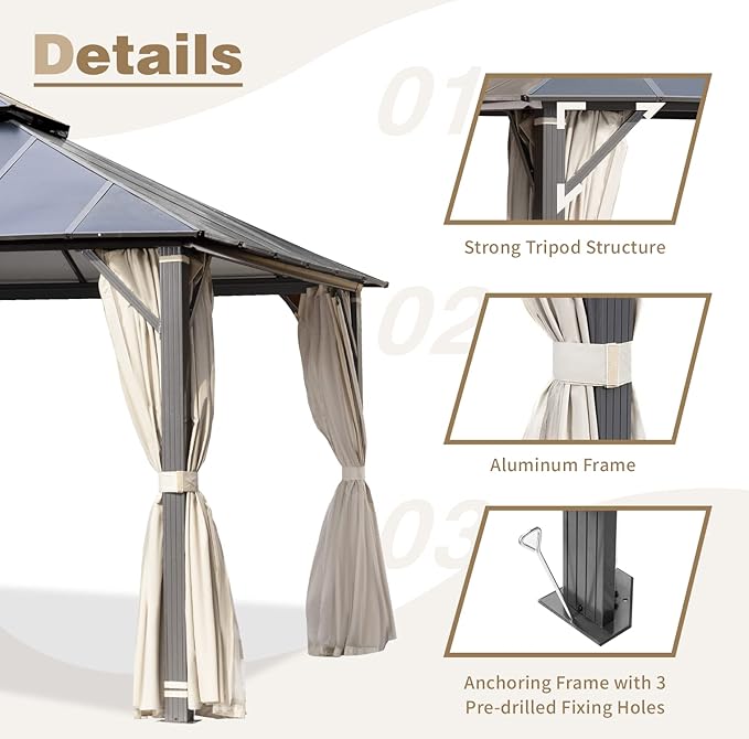 MELLCOM 12x20FT Hardtop Gazebo, Permanent Outdoor Aluminum Patio Gazebo with Aluminum Composite Double Roof for Patio Lawn and Garden, Curtains and Netting Included