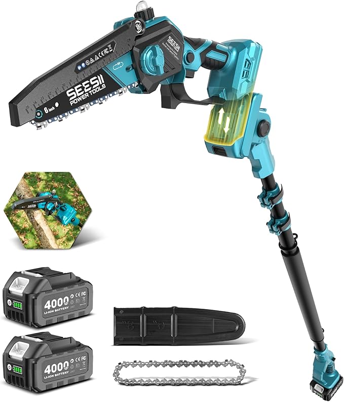 SEESII 2-in-1 Electric Pole Saws: 2-in-1 Brushless Mini Chainsaw Cordless 6 Inch, 2 x 4000mAh Batteries Limb Saw for Tree Trimming, Chain Saw with Extension Pole for Branch Cutter,P6 Ace