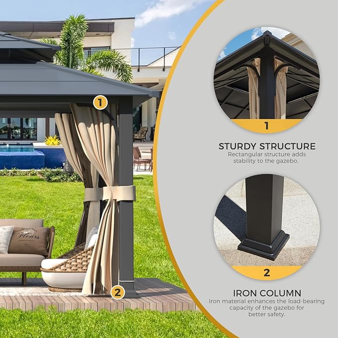 YOLENY 12’x 14’ Gazebo with Galvanized Steel Roof, Double Roof Design with Anti-Rust Coating, Outdoor Gazebos with Curtains and Netting, Sunshade for Gardens, Lawns, Deck