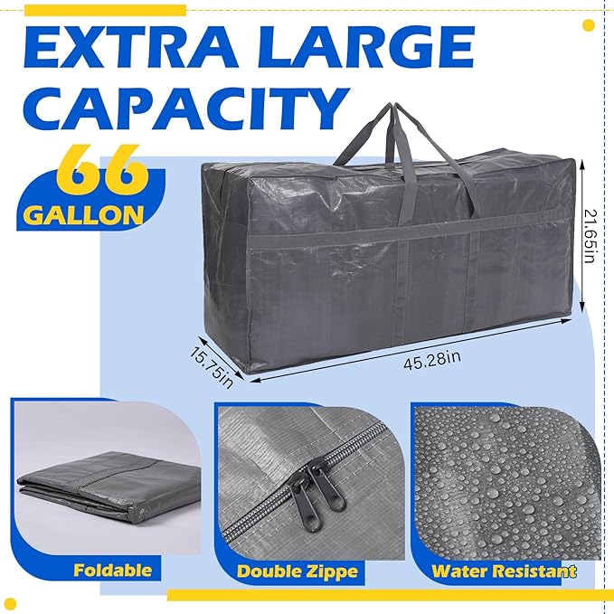 4 Pcs Large Moving Bags with Zipper and Handles Foldable Storage Duffle Bags Heavy Duty Extra Large Totes for College Dorm Travel Clothes Blankets Bedding Moving(66 Gallon,Gray)