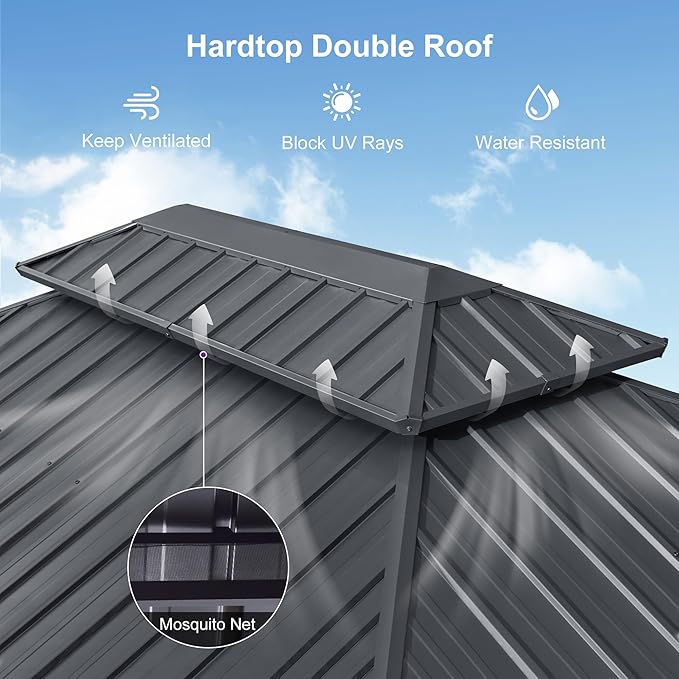 PURPLE LEAF 12' X 18' Patio Hardtop Gazebo Outdoor Pavilion Gazebo with Galvanized Steel Double Roof for Patio Lawn Garden Aluminum with Curtains Grey