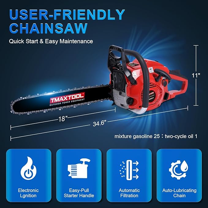62cc Gas Chainsaw, 3.5-HP, 18 Inch Gas Powered Chainsaw, 2-Stroke Chainsaws with Automatic Oiler, Gasoline Chain Saw for Cutting Wood Outdoor Garden Farm Home, Red