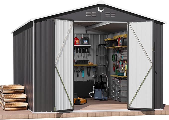 10x14 FT Outdoor Storage Shed, Metal Shed with Lockable Door, Large Heavy Duty Tool Sheds, Outside Waterproof Storage Building