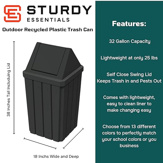 32 Gallon Square Slatted 100% Recycled Plastic Heavy Duty Outdoor Commercial Trash Can with Swing Top Lid | Great for Schools and Businesses - Black