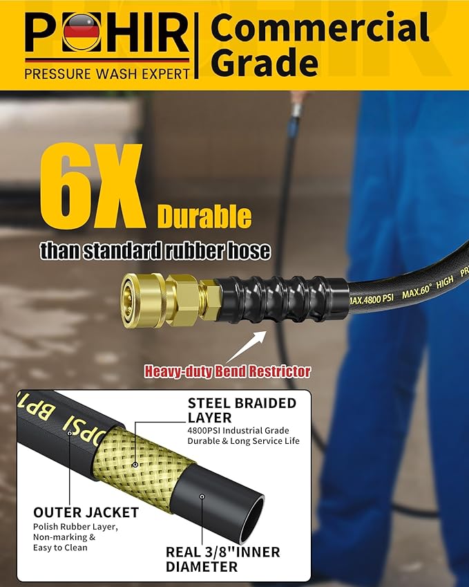 3/8" Pressure Washer Hose 25ft 4800PSI, Power Washer Hose Steel Wire Braided with Swivel Quick Connect, Commercial Grade Industrial High Pressure Water Washing Hose (4800PSI, 25FT)