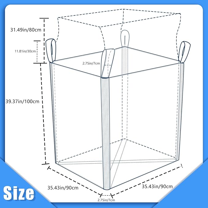 FIBC Bulk Bag - 4400 lbs Capacity, 35x35x43 inches, Polypropylene (PP), Open Top, White, Rectangular, Reusable, 10-Pack