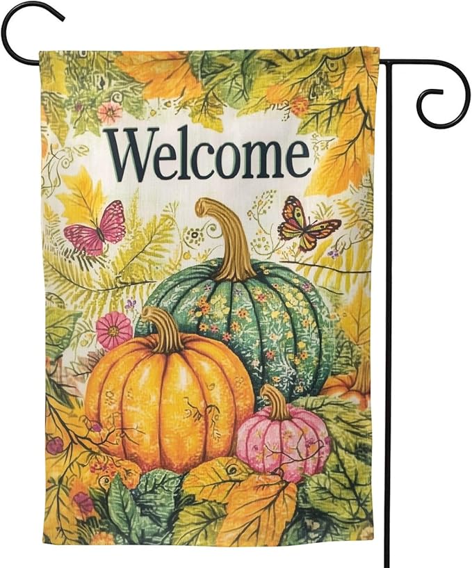 Welcome Fall Pumpkin Garden Flag Vertical Double Sided Outdoor Yard Flags 12.5x18 Inch Burlap Banners for House Lawn