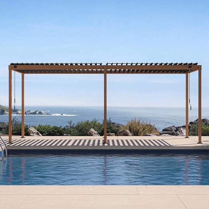 MIRADOR 111S Takasho Louvered Pergola, 10Ft x 20Ft, Full Aluminum Frame, Adjustable Roof for Outdoor Deck Garden Patio, Durable, Cherry Oak