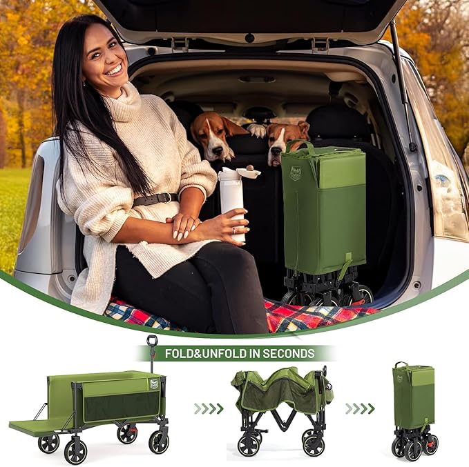 TIMBER RIDGE 49" Extra Long Collapsible Folding Wagon with Tailgate and Brakes, 300lbs Heavy Duty Wagon Carts Foldable, 250L Capacity Portable Cart for Dogs, Garden, Outdoor Camping Sports, Green