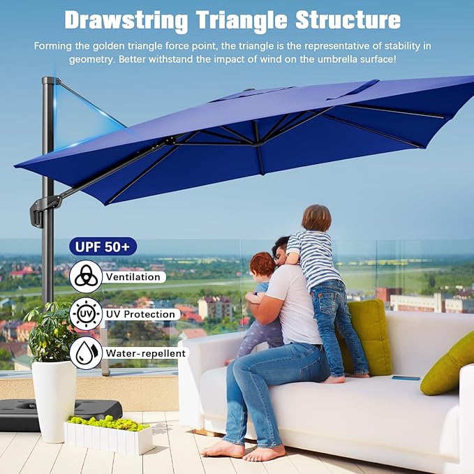 Hotime 10ft Patio Umbrella Outdoor Patio Height adjustable and Windproof, Heavy Duty Aluminum Square Offset Patio Umbrella Cantilever Pool Umbrella with 360°Rotation for Garden Deck Pool, Dark Blue