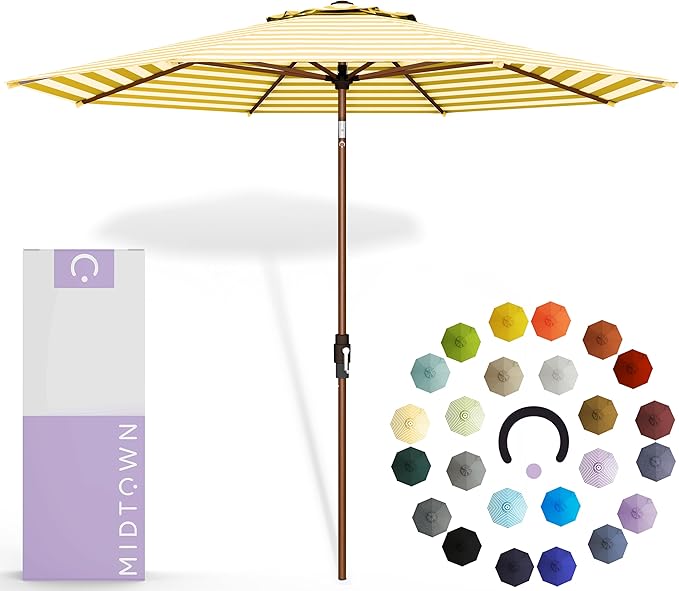 Midtown Umbrellas Wooden 2-8 Feet Outdoor Patio Umbrella, Terylast White & Yellow Stripes Fabric, Aluminum Frame For Backyard Umbrella, Deck Umbrella, Garden Umbrella & Pool Umbrella - Wooden Pole