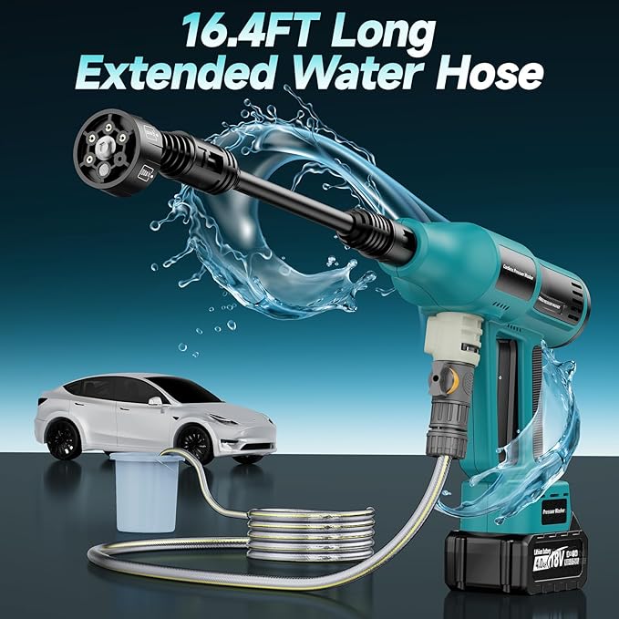 2025 Upgrade Cordless Pressure Washer, Portable Power Washer with 4.0Ah Battery & Charger, 700PSI Handheld Pressure Washer with 5M Hose, 4-Speed Setting, 6-in-1 Nozzle, Powered Cleaner for Car Floor