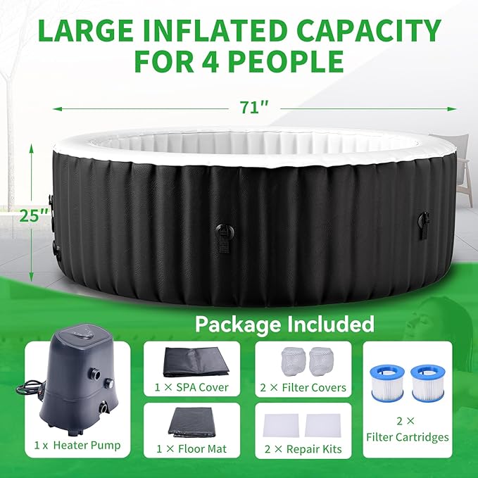 2-4 Person Inflatable Hot Tub, Round Blow Up Portable Hot Tub, Leak-Proof PVC Outdoor Spa with 120 Strong Air Jets, Heater Pump and Insulated Cover, 71” X 71”X 25”