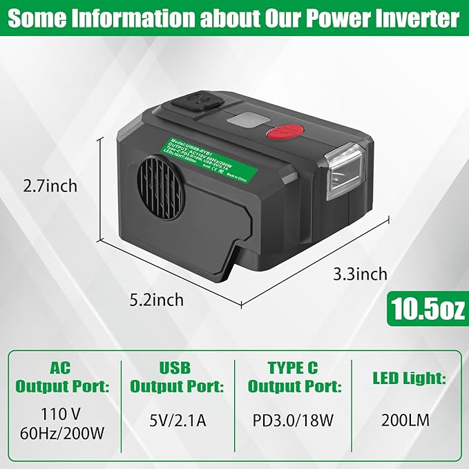 Power Inverter for Ryobi 40V Battery,200W Power Supply Inverter DC 40V to AC 110V, with Type C PD3.0 Output Port & USB Port & LED Lighting