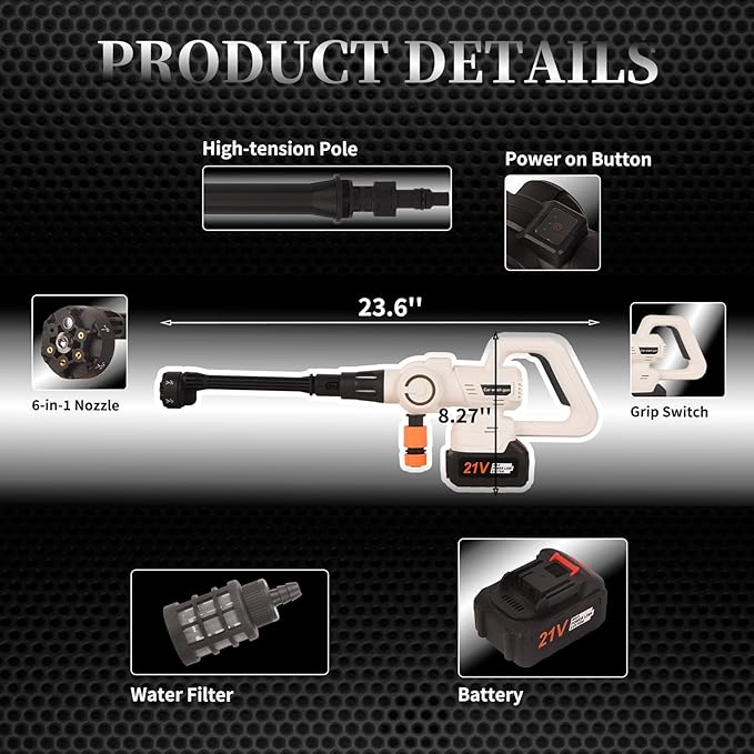 Cordless Pressure Washer with Grip,652 PSI Power Cleaner with 6-in-1 Nozzle,3-Speed Adjustment,21V Rechargeable 4.0Ah Battery High-Pressure Car Washer Gun for Floor/Home/Car Cleaning&Watering