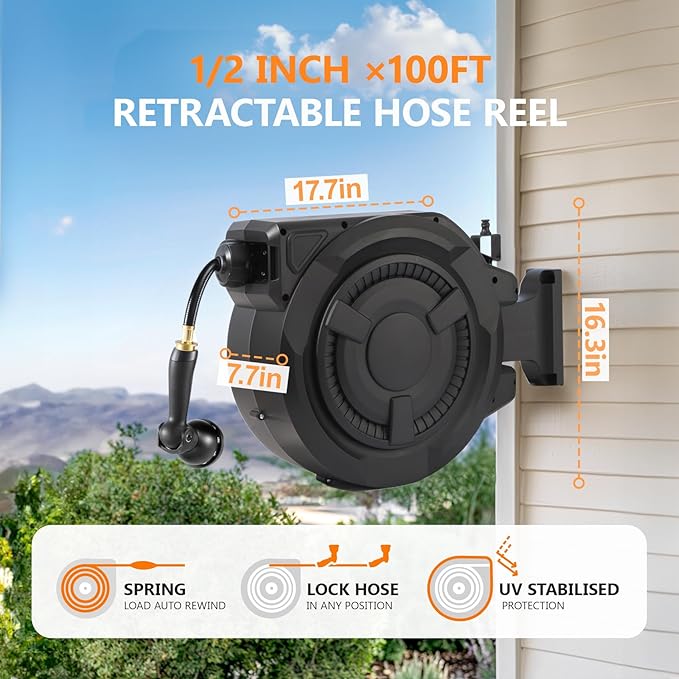 Retractable Garden Hose Reel 1/2 in x 100 ft, Heavy Duty Wall Mounted Hose Reel with 10- Function Sprayer Nozzle, Any Length Lock/Automatic Slow Return System/180°Swivel Bracket/UV Resistant (Black)
