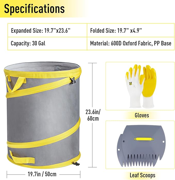 JARDINEER 30-Gallon Collapsible Trash Can for Camping Garbage, Pop Up Garden Bag Resuable, Lawn Set include Yard Waste Container, Leaf Scoops and Gloves