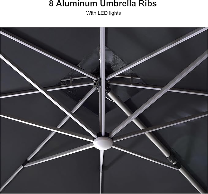 PURPLE LEAF 10 Feet Solar Powered LED Square Cantilever Umbrella With Base Patio Umbrellas Windproof Hanging Umbrella Outdoor Offset Umbrellas, Black