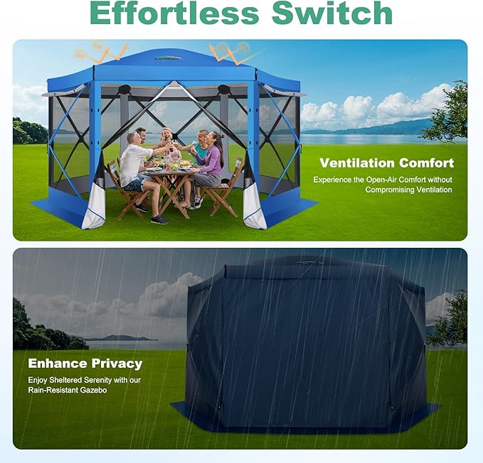 COBIZI 12x12 pop up Gazebo on Clearance Screen Tent for Camping, Scalable Design Outdoor Canopy Tent with Extension Support Poles & sidewalls,with Portable Carrying Bag and Ground Stakes, Blue