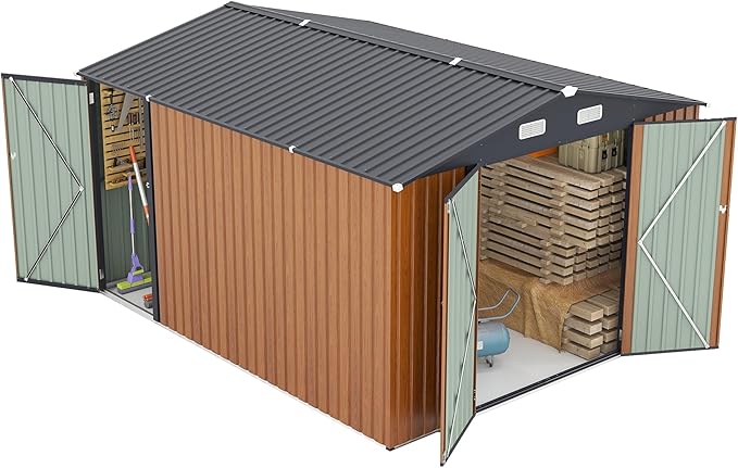 9x11 FT Outdoor Metal Storage Shed with Lockable Door, Steel Garden Utility Shed with Vents, Backyard Patio Tool Shed for Lawn Equipment, Bike, Firewood and Mower Storage, Brown