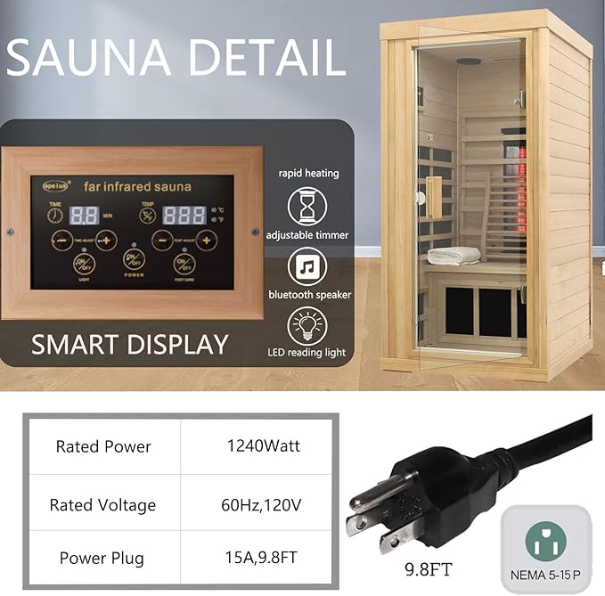 Ceramic Infrared Sauna, 1 Person Infrared Sauna, Hemlock Wood Home Sauna Spa, Far Infrared Sauna Indoor, Low EMF Infrared Saunas for Home with Smart Display, Bluetooth Speaker,1,240 watt