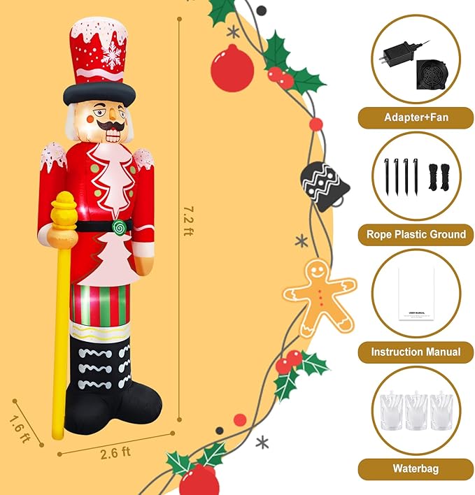 Christmas Inflatables 8FT Nutcracker Figurine Red & White Soldier with Candy Cane Stripes, Staff & Crown Hat Festive Holiday Blow Up Decoration for for Lawn, Garden or Xmas Display