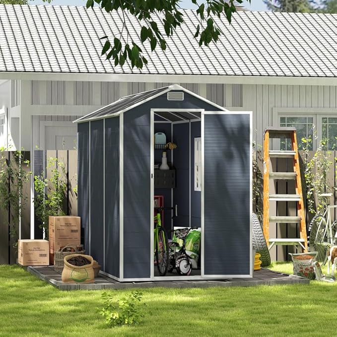 4x8 FT Resin Outdoor Storage Shed with Floor and Window, Outside Waterproof Plastic Garden Sheds w/Lockable Door & Vents, All-Weather Tool House for Patio, Backyard, Lawn, Dark Gray