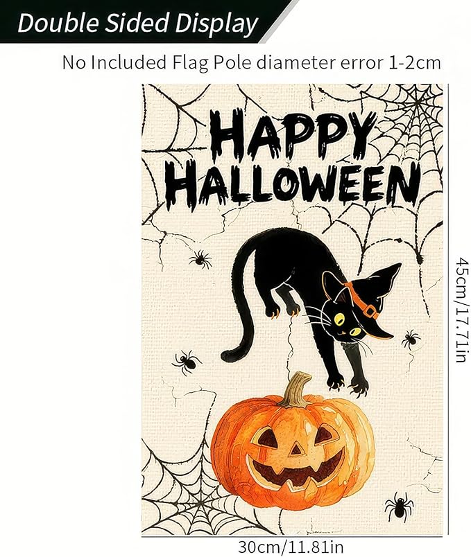 Garden Flags 12x18 Inch Halloween Black Cat Pumpkin Spider Web Design Fall Outdoor Banner Holiday Yard Decoration for Porch Lawn Garden Party Display Sign