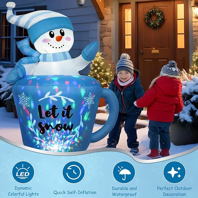 OurWarm 5FT Christmas Inflatable Snowman in Mug, Adorable Blue Snowman Blow Up Awaiting the Snow, Christmas Inflatables Outdoor Decorations with Built-in LEDs & Blower for Yard Lawn Winter Inflatables
