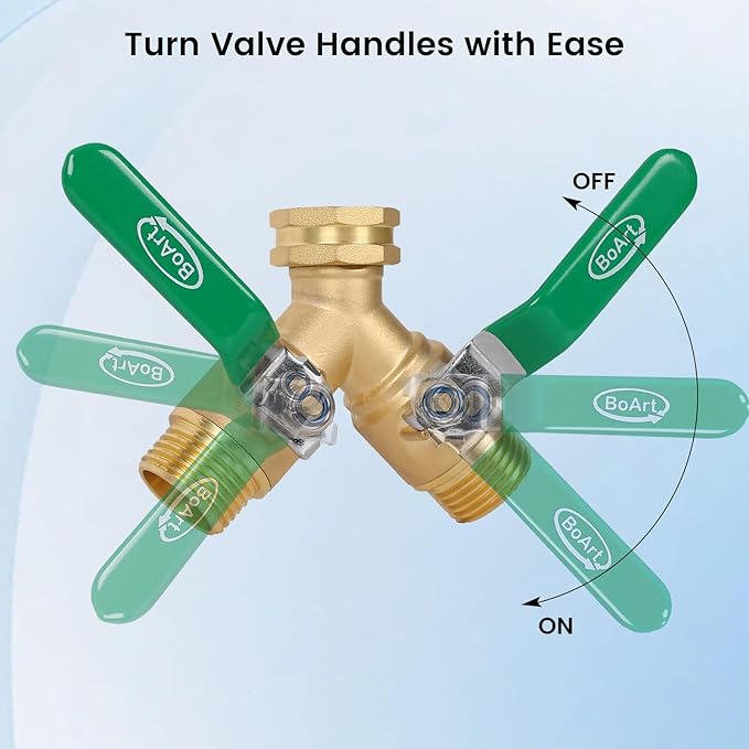 BoArt Brass Garden Hose Splitter 2 Way Heavy Duty, Y Valve Hose Splitter With Stainless Steel Long Handle, 3/4" GHT Thread Y Valve Water Garden Hose Tap Adapter