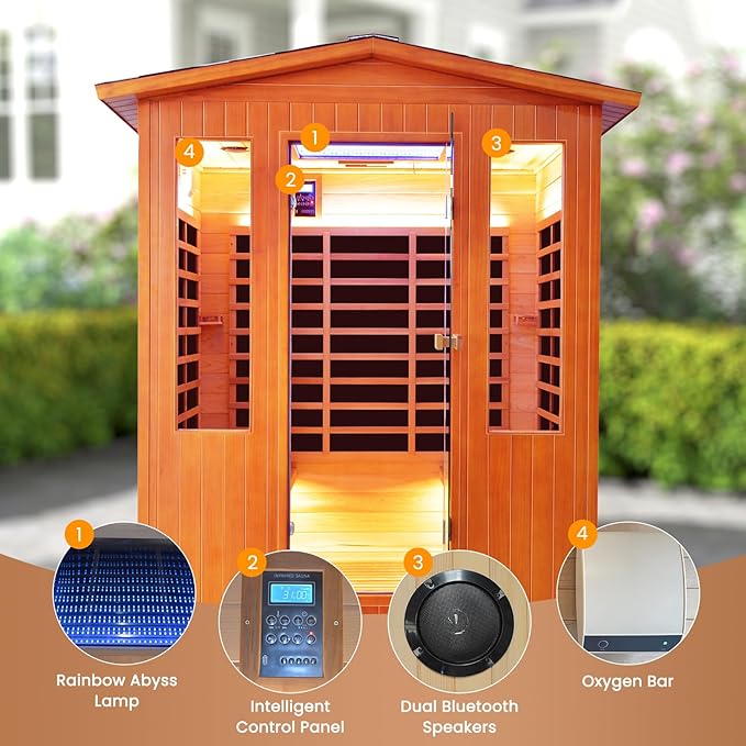 Outdoor Sauna 4 Person Dry Infrared Sauna with Red Light Wood Personal Spa Room Low-EMF 2600W 240V Abysmal Lamp Bluetooth Speakers 62.2"x46.9"x81.9"