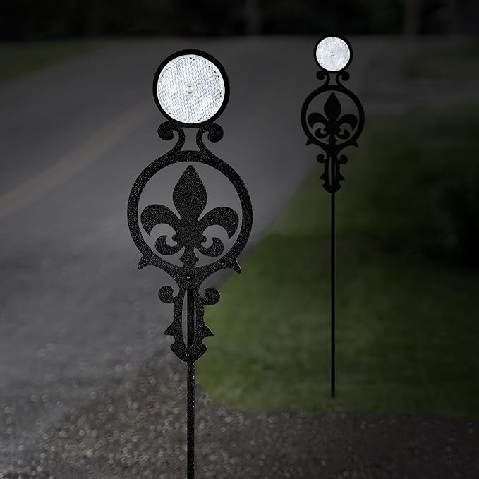 Touch of Class Pathways Reflective Driveway Marker Stake Set of Two for Outdoor Use | Fleur-de-Lis Emblem Design | Personalized Tall Reflector Set of 2 | Black Durable Finish