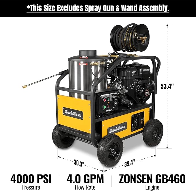 4000 PSI 4 GPM ZONSEN 459cc 15HP E-Start Gas Engine Power Hot Water Pressure Washer with Hose Reel, Model HPW40D