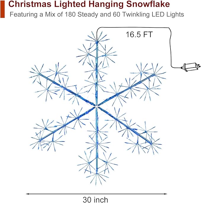 30’’ Christmas Snowflake Lights Outdoor, Pre-lit 240Pcs Blue LEDs Hanging Blue Snowflake Decoration for Home Indoor Outdoor Window Silhouette