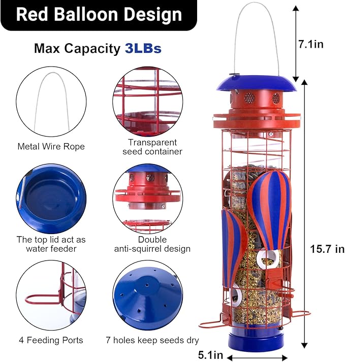 Solar Bird Feeder for Outdoors Hanging, Squirrel Proof Bird Feeder, Metal Waterproof Wild Bird Feeders,Cardinals Feeders, Gifts for Bird Lovers, Garden Decoration