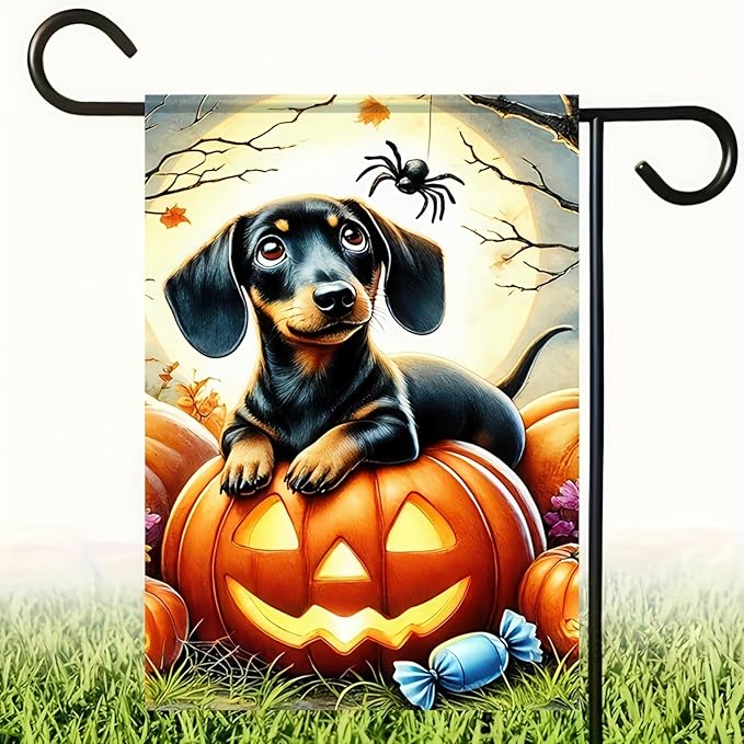 Halloween Garden Flags 12x18 Inch Double Sided Trick or Treat Dachshund Dog Garden Flag Halloween Dog Skeleton Decorations Banner Small Halloween Outdoor Yard Flag for Outside