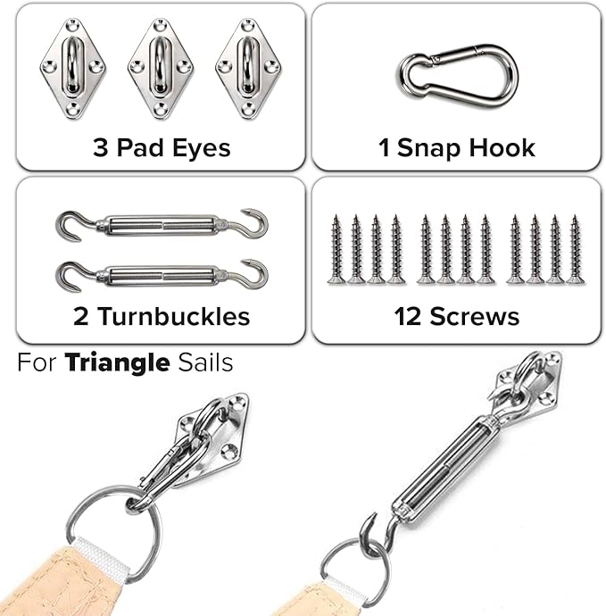 Sun Shade Sail Hardware Kit - 6 Inch Stainless Steel Sunshades Canopy Installation Kit Install Outdoor Triangle Heavy Duty Shade Sails for Deck Garden Lawn Patio