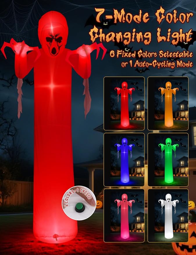 Elegear 12FT Giant Halloween Inflatable with Flowing Gauze, 7-Mode Color Changing RGB Lights, Scary White Ghost Halloween Blow Up Yard Decorations Outdoor for Lawn Garden Porch Party