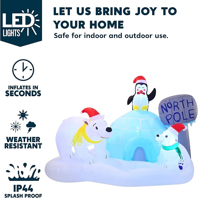 Joiedomi 6 FT Long Christmas Inflatable North Pole with Build-in LEDs, Blow Up Inflatable Polar Bears & Penguin for Xmas Party Indoor, Outdoor, Yard, Garden, Lawn Décor, Holiday Season Decorations