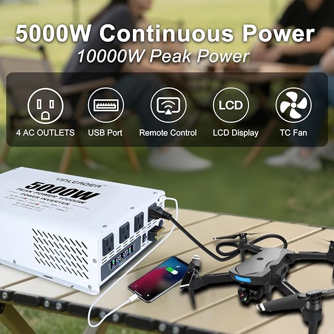 Yinleader 5000W Power Inverter 12V DC to 120V AC, 10000W Peak, with Remote Control, 4 AC Outlets, LCD Display, USB Port, for Truck/RV/Home/Off-Grid Solar System