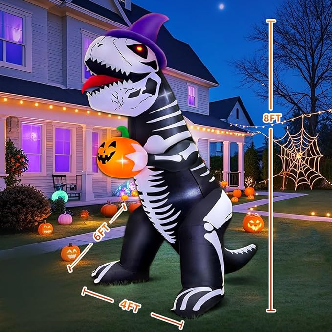 8FT Halloween Inflatables Outdoor Decorations, Halloween Blow Ups Inflatable Skeleton Dinosaur with Pumpkin for Outside Garden Decor, Halloween Decorations Outdoor