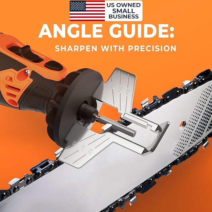Sharp Pebble Electric Cordless Chainsaw Sharpener Kit - Comes with Chain Saw Sharpener Tool, 4 File Size Sharpening Wheels, Angle Attachment, Wrench & eBook