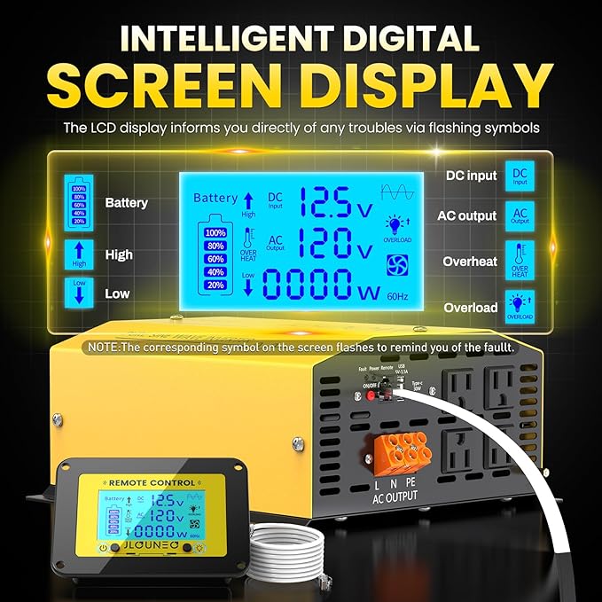 1500W Pure Sine Wave Inverter - 12V DC to 120V AC Converter for Home, RV, Truck, Off-Grid Solar Power Inverter Built-in 3.1A USB, Type-C Port, AC Hardwire Output Port, Remote Control with LCD Screen
