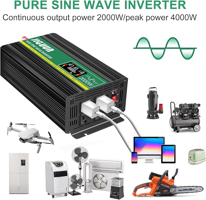 JIGUUN Power Inverter 2000 Watt, DC 12V to AC 120V Pure Sine Wave Inverter with LCD Display, 4 AC Outlets&USB Output, Power Converter with Remote Control for RV Emergency Camping. (PRO2000W-12)