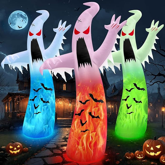 1PCS 12FT Giant Halloween Inflatables Decoration Ghost with 3-Colored Flame Rotation LED Light Spooky Halloween Decorations Outdoor Blow Up Yard Decoration for Home Lawn Holiday Party