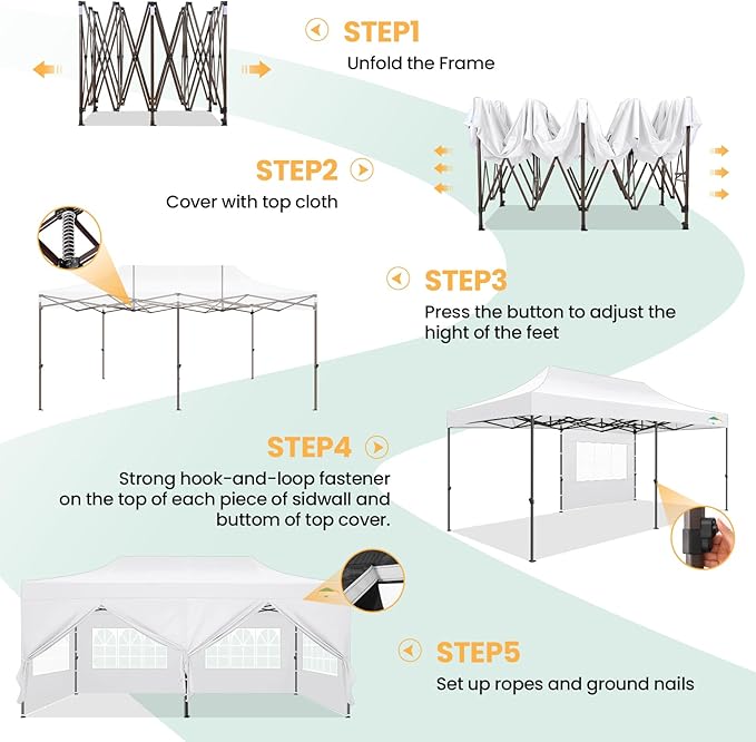 COBIZI 10x20 Pop Up Heavy Duty Canopy with 6 Sidewalls and Hexagonal Legs, Easy up Tent for Parties, Commercial and Wedding, Outdoor Canopy with Roller Bag, Sand Bags, Waterproof & UPF50+ (White)