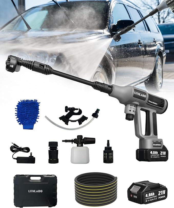 Cordless Pressure Washer 1080PSI Portable High-Pressure for Car Wash Outdoor Cleaning, 6-in-1 Adjustable Nozzle,Battery & Adaptor Included (2X 4Ah)